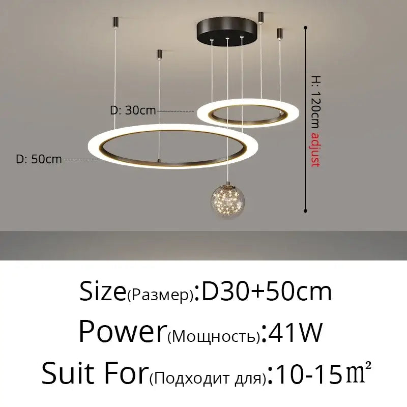 Modern minimalist decorbites led star chandelier with two warm white led rings and hanging crystal sphere from black mount