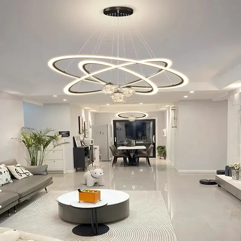 Modern black and white decorbites led star chandeliers with interlocking circular rings for living room or bedroom lighting
