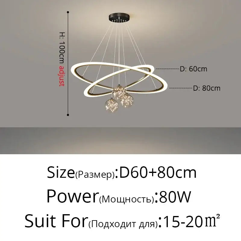 Modern minimalist decorbites led star chandelier with interlocking white rings and three hanging crystal spheres for living room decor