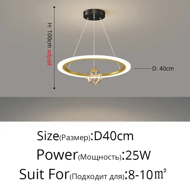 Modern minimalist decorbites led star chandelier with gold white circular frame and adjustable height featuring crystal globe