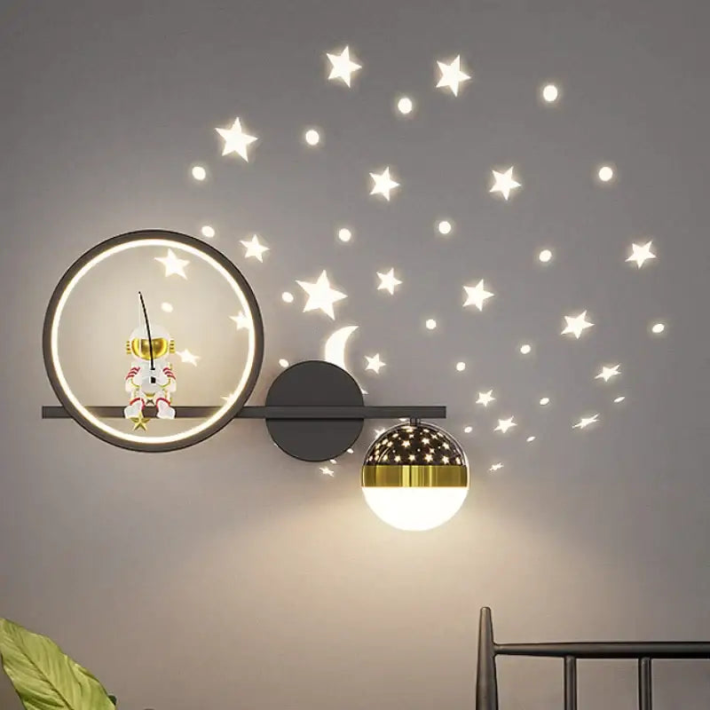 Modern black and gold decorbites led star wall light with circular astronaut frame and dimmable three color star globe lamp
