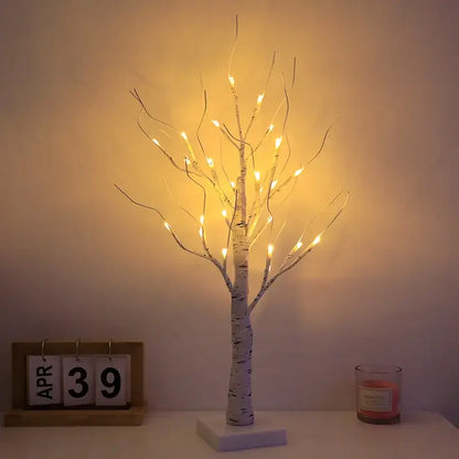 Decorbites led starry tree table lamp with warm white leds, faux birch bark, and square base with touch switch
