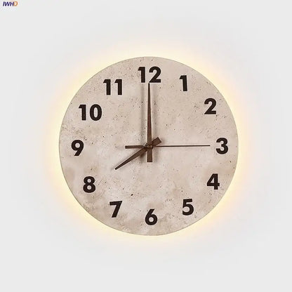 DecorBites™ LED stone clock wall lamp sconce with rounded concrete clock wall lamp and warm yellow backlight