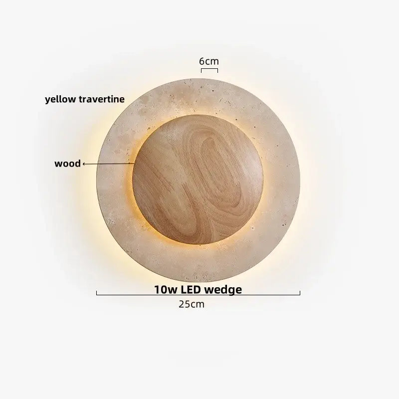 DecorBites LED stone clock wall lamp sconce with yellow travertine and wood disc illuminated by 10w LED wedge