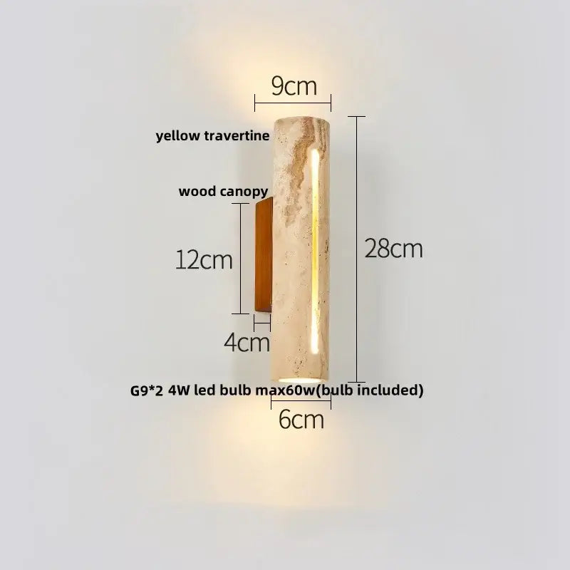 Decorbites™ led stone clock wall lamp sconce with yellow travertine cylinder and wooden canopy for modern wall lamp use