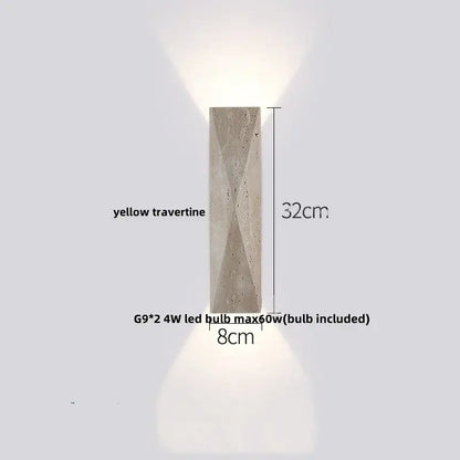 Modern nordic yellow cave bathroom wall lamp made of textured yellow travertine stone with geometric diamond pattern