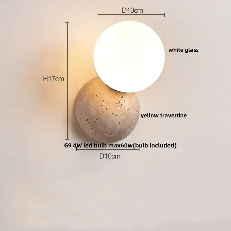 Modern two-tiered DecorBites LED stone wall lamp with white glass upper sphere and yellow travertine base for home decor