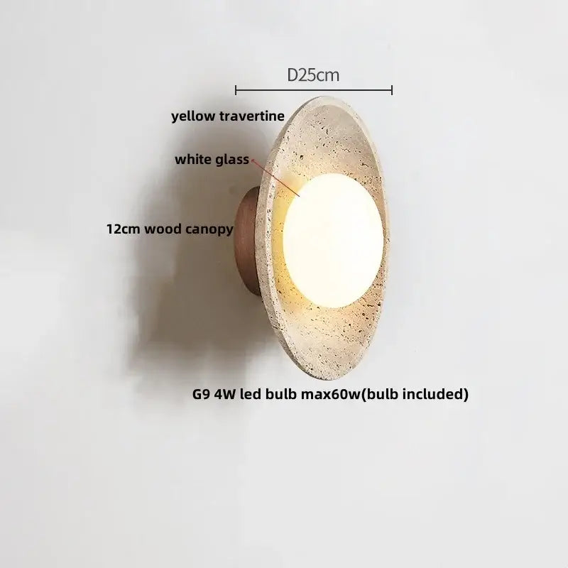 Yellow travertine decorbites led stone wall lamp with white glass diffuser and 12cm wood canopy for home decor