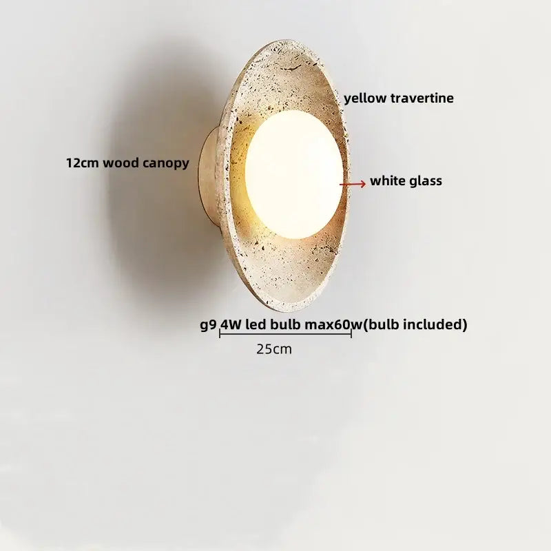DecorBites led stone wall lamp with yellow travertine canopy white glass diffuser and 12cm wood base for home decor