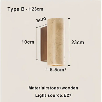 DecorBites led stone wall sconce beige speckled stone and wood cylindrical design with e27 light source 23cm height