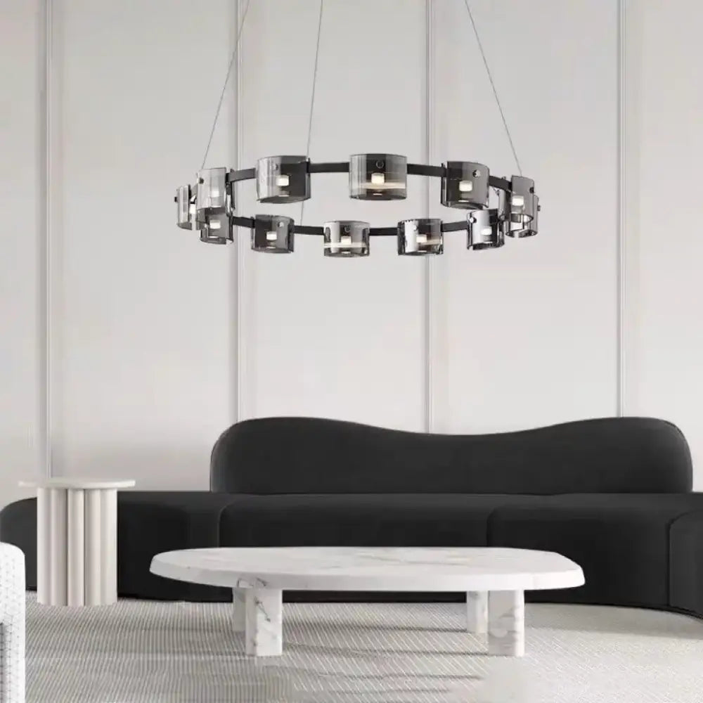 Modern black circular decorbites led straight line ceiling chandelier with sleek metallic finish and glass accents for living room