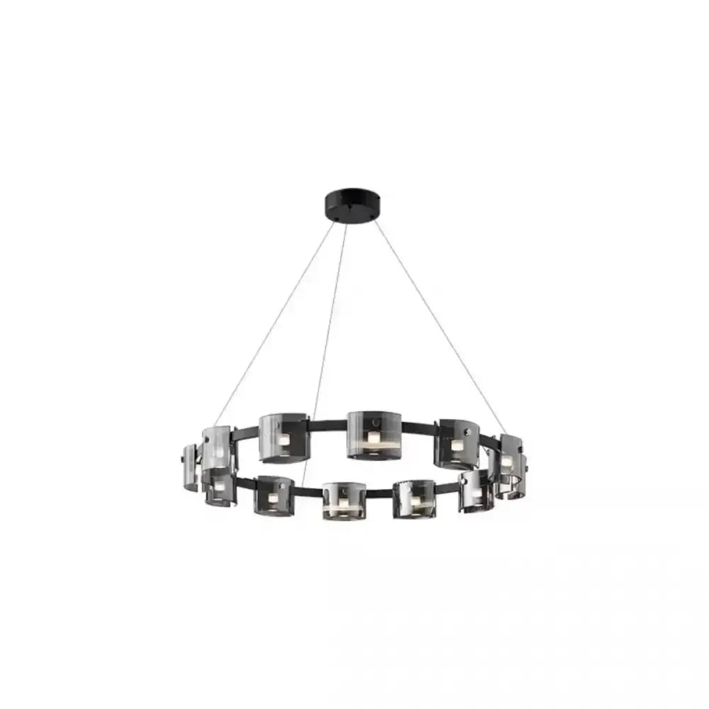 Modern black circular DecorBites LED straight line ceiling chandelier with sleek metallic arms and frosted glass shades