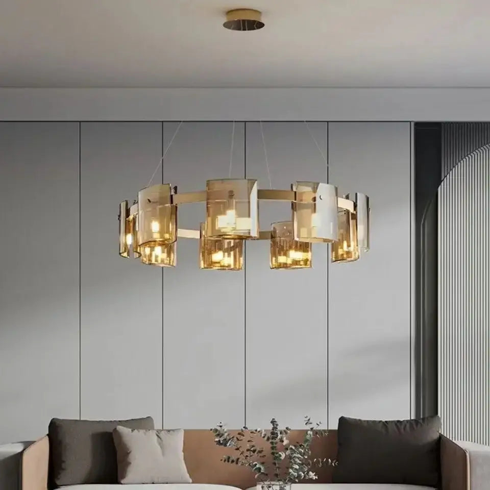 Modern gold-toned decorbites led straight line ceiling chandeliers with geometric glass shades and sleek metallic frame