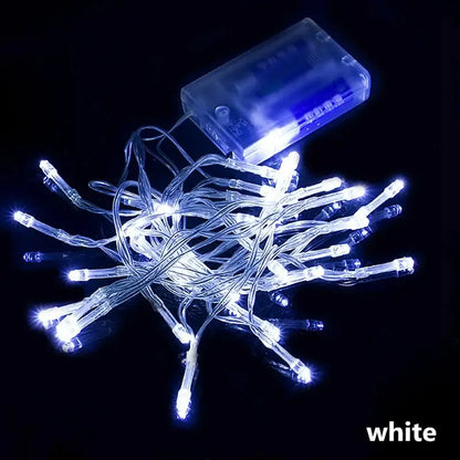 White decorbites led string featuring clear plastic bulbs and a transparent battery pack for holiday parties and weddings