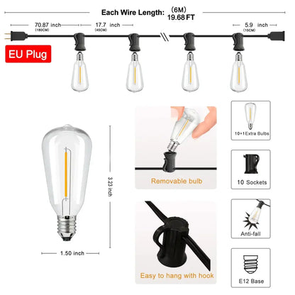 Clear glass edison-style bulb with visible filament and metallic base for decorbites led string outdoor fairy string lights