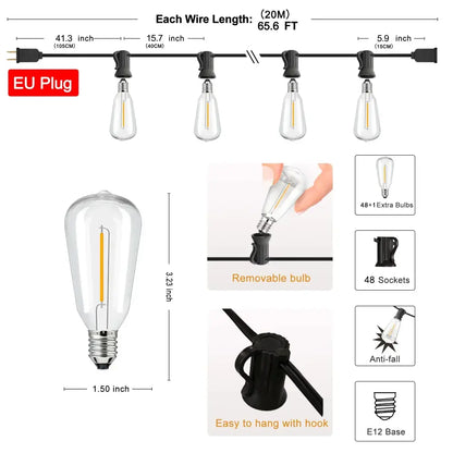 Clear glass edison-style bulb with visible filament and metallic base in decorbites led string outdoor waterproof string lights