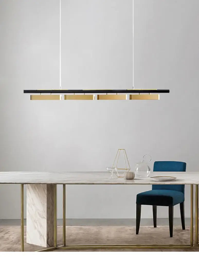 Decorbites™ modern minimalist strip pendant lights with black and gold metallic finish and four horizontal panels