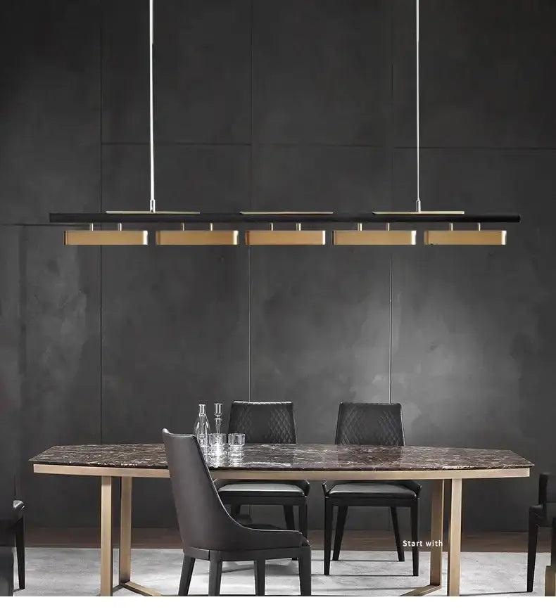 DecorBites™ modern minimalist strip pendant lights in black and gold with sleek metallic accents for dining areas