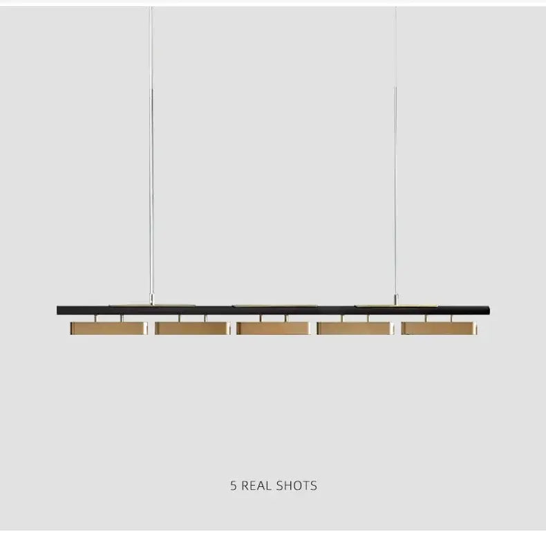 DecorBites™ modern minimalist strip pendant lights in black and brass with five horizontal led bars for dining rooms