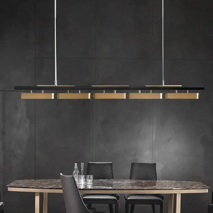 Modern black and gold linear pendant lights with sleek metallic rods minimalist strip led for dining rooms