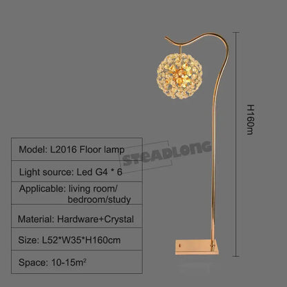 Gold-toned decorbites led sunflower crystal floor lamp with curved stand and ornate spherical shade for living room use