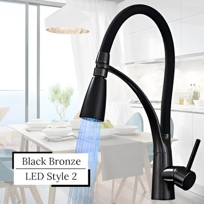 Black bronze decorbites led swivel pull down kitchen faucet with curved spout and illuminated blue water flow