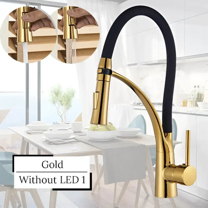 Gold kitchen faucet with sleek curved spout and black flexible hose from decorbites led swivel pull down series
