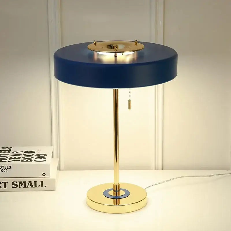 Decorbites™ led table lamp in blue with gold-toned base and pull chain switch for postmodern nordic reading light