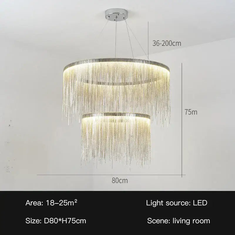 A decorbites led tassel two-tiered chandelier pendant light with golden led strands and chrome finish for villa hall
