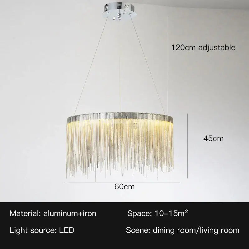 DecorBites led tassel chandelier pendant features cascading silver metallic chains and chrome finish with led light source