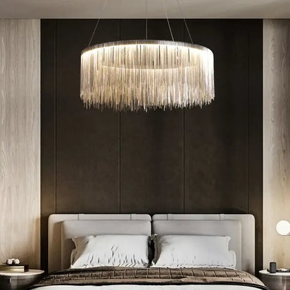 DecorBites led tassel chandelier pendant with silver lustre and cascading glass prisms for living room villa hall