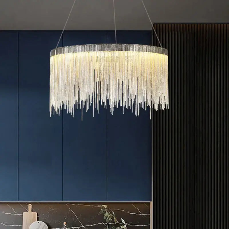 DecorBites led tassel chandelier pendant with cascading crystal strands and metallic silver frame for villa hall lighting