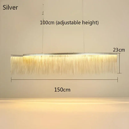 Silver rectangular decorbites led tassel chandelier with cascading golden tassels and adjustable height for modern lighting
