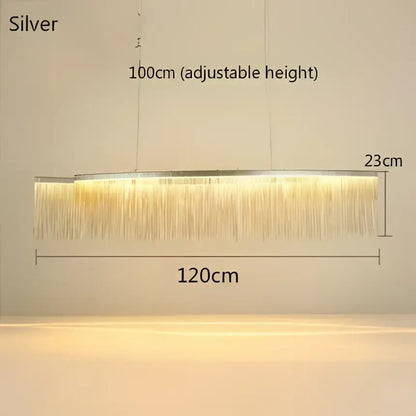 Silver rectangular decorbites led tassel chandelier with cascading crystal fringe adjustable height modern pendant light