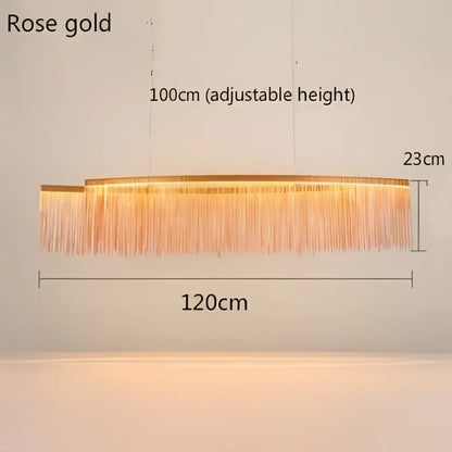Rose gold decorbites led tassel chandelier with sleek rectangular frame and cascading tassels for modern decor lighting