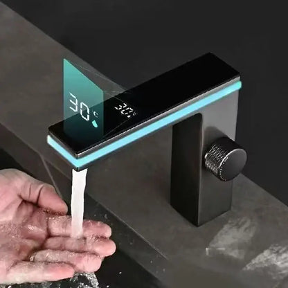 Modern black matte basin faucet by DecorBites with led temperature display and digital lcd screen for hot cold mixer use