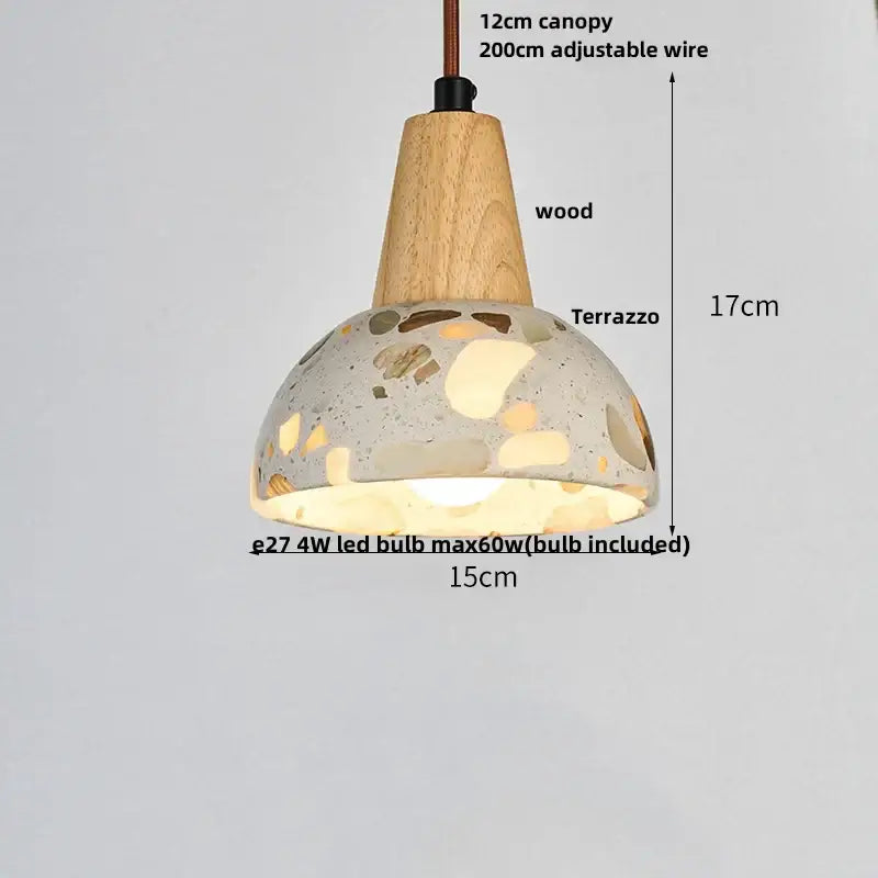 Modern decorbites led terrazzo pendant lamp with wooden canopy and beige brown gray terrazzo stone shade