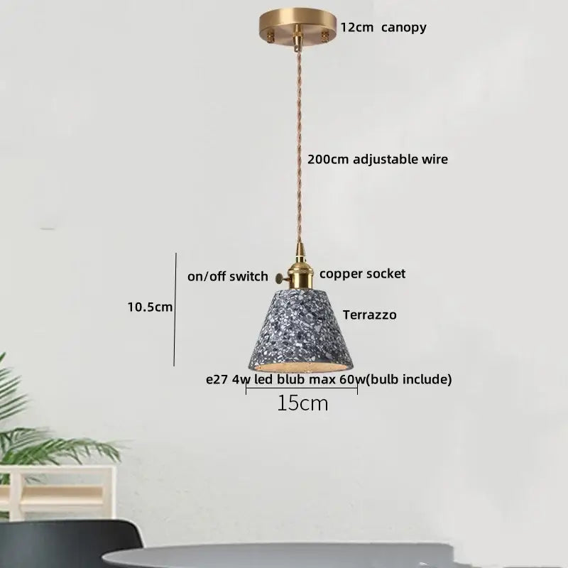 Decorbites led terrazzo pendant lamp in white stone with conical terrazzo shade brass hardware and copper wire suspension