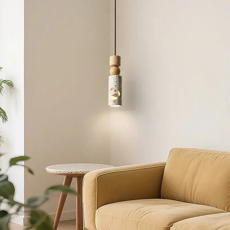 DecorBites LED terrazzo pendant lamp with white stone cylindrical body, gold leaf accents, wooden bead top, suspended by cord