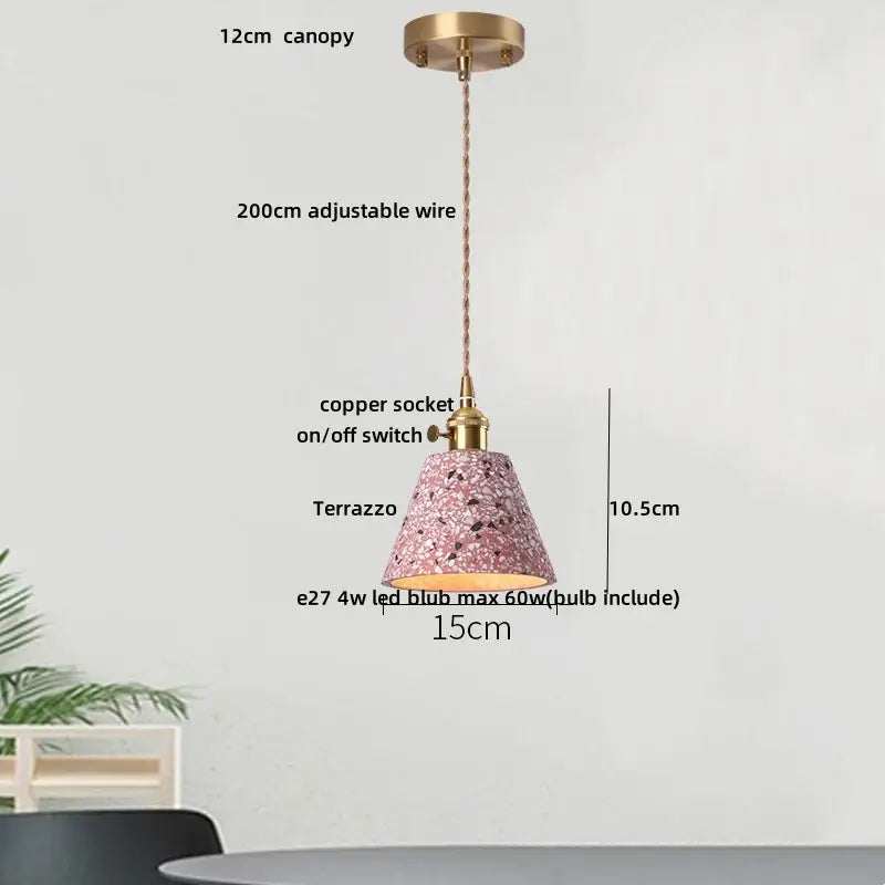 Pink terrazzo pendant lamp with brass canopy and adjustable wire by decorbites led terrazzo for modern lighting