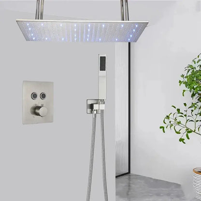 Modern brushed stainless steel decorbites led thermostatic rainfall shower system with led lighting and handheld attachment