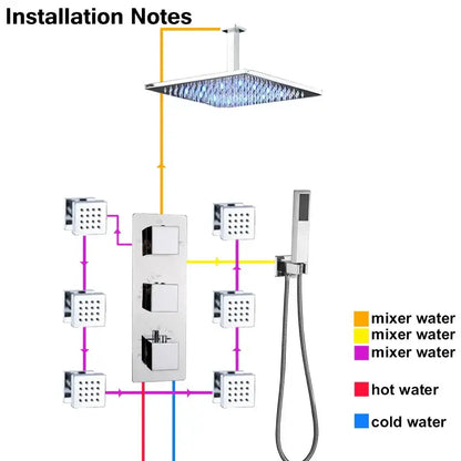 Modern chrome shower faucet with square rainhead multiple wall spray heads and handheld wand decorbites led thermostatic