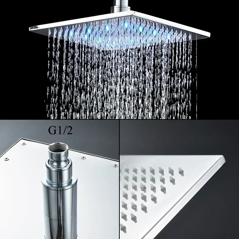 Shiny chrome square shower faucet with blue led lights and multiple jets from DecorBites led thermostatic shower tap