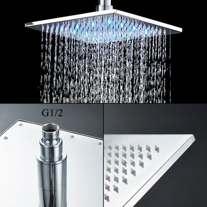 Shiny chrome square shower faucet with blue led lights and multiple jets from DecorBites led thermostatic shower tap