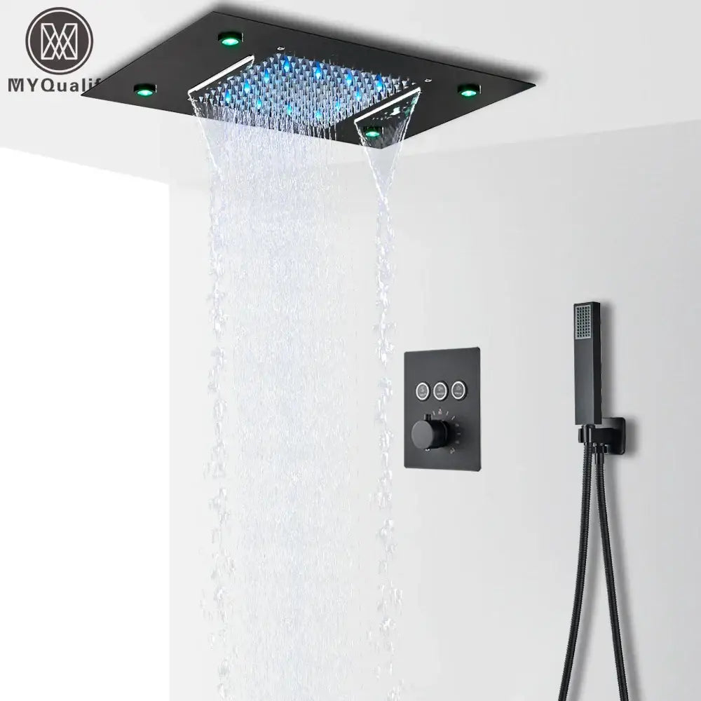 Black square rain shower head with blue led lights and dual waterfall streams in decorbites led thermostatic shower system