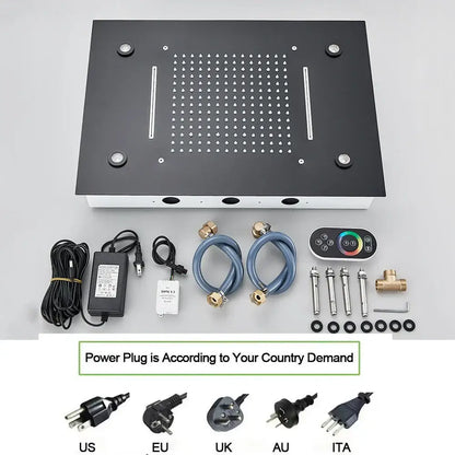 Black DecorBites LED thermostatic shower panel with water jets rain shower slots installation hardware and RGB remote