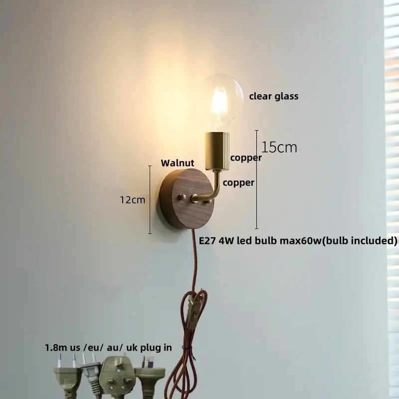 Decorbites led tiffany style wall light with walnut wood base copper accents and clear glass bulb for rustic decor