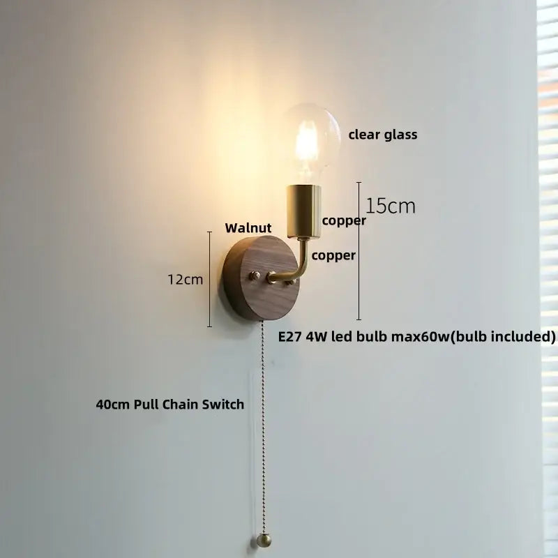Walnut-finished decorbites led tiffany style wall sconce with copper accents and clear glass bulb for stair lighting