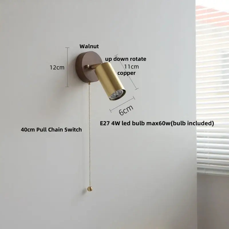 Copper-finished adjustable spotlight with walnut wall plate and e27 led bulb for decorbites led tiffany style wall lighting