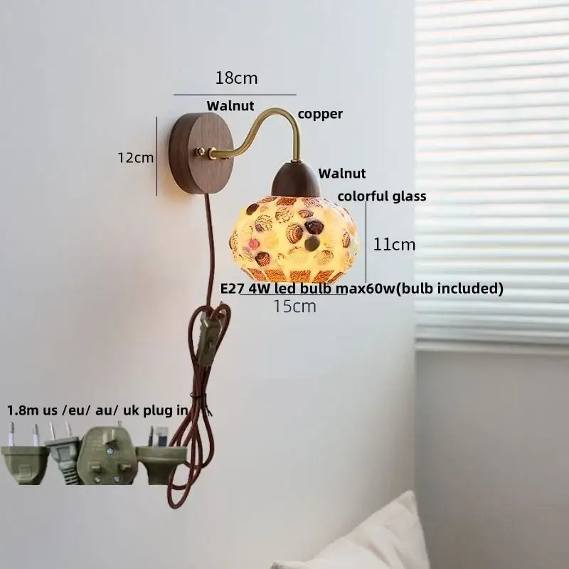 Decorbites led tiffany style wall light with walnut base copper arm and colorful mosaic glass shade for stair decor